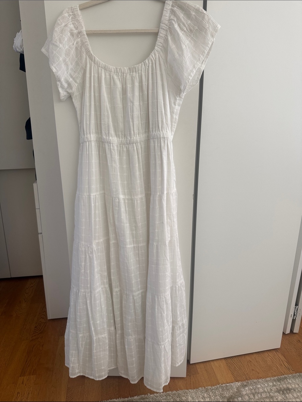 Mango White Tiered Maxi Dress with Square-Check Texture